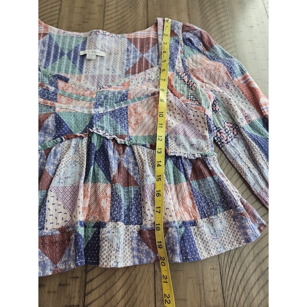 American Eagle Blouse M Pink Patchwork Babydoll Cropped Boho CottageCore Gauzey - Picture 10 of 14